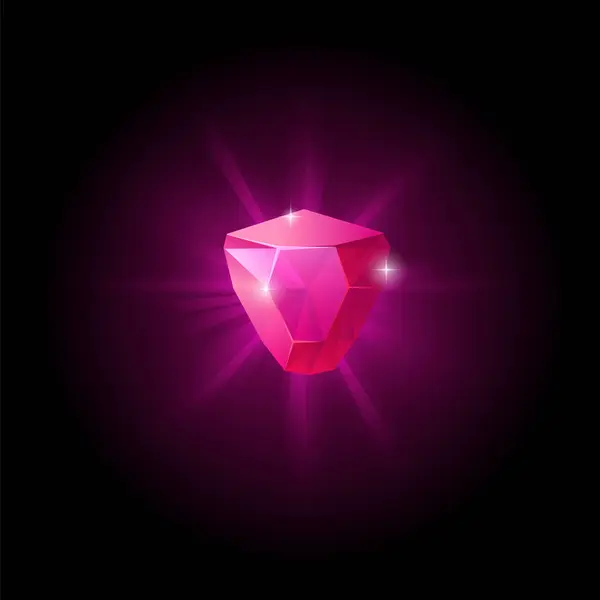 クリスタルピンクの輝くゲーム宝石 ブラックバックで隔離されたベクターイラスト 放射状の宝石のシンプルな漫画Ui要素 前景にダイヤモンドのデッサン — ストックベクタ