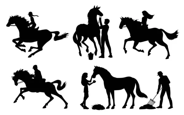 Conjunto Pessoas Que Cuidam Cavalos Silhuetas Pretas Estilo Plano Ilustração —  Vetores de Stock
