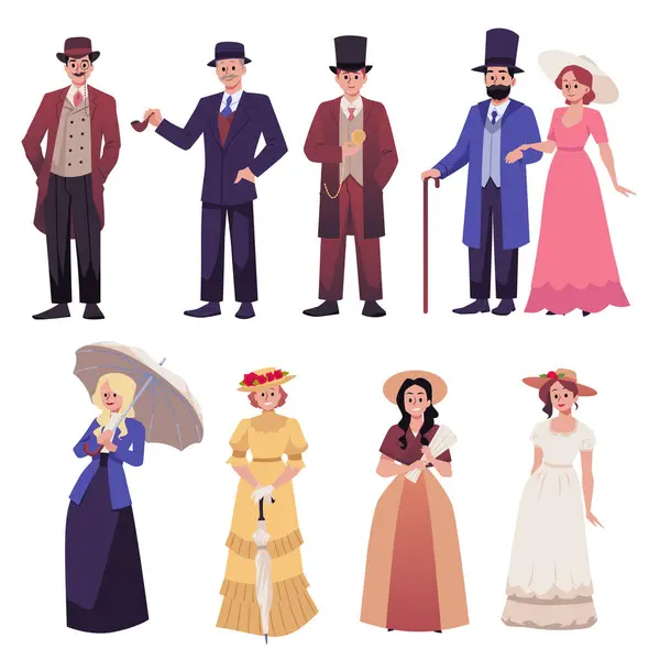 Vector Cartoon Men Women Classic Victorian Style Costumes Ladies Wear — Stock Vector