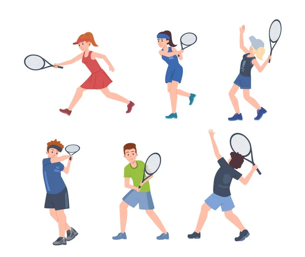 Set Smiling Young People Tennis Racquets Flat Style Vector Illustration — Stock Vector