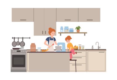 Mutfakta yemek hazırlayan kadın ve kız. Pasta yap, karışımdaki malzemeleri döv. Mutfağın içi. Aile evde yemek yapmayı seviyor vektör karikatür çizimi