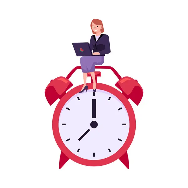 stock vector Busy manager or business woman with laptop sitting on a huge alarm clock. Doing tasks calls, messages, reminders. Efficiency multitasking vector illustration. Effective time management