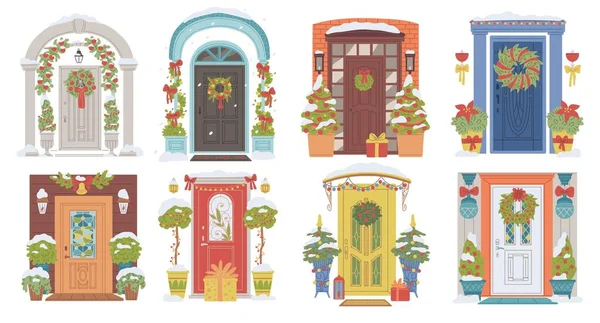 Різдвяні Двері Векторний Набір Вхідні Двері Прикрашені Різдво Новий Рік — стоковий вектор
