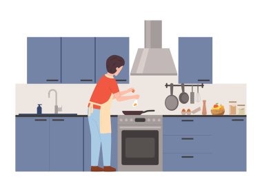Adam evdeki modern, iyi donanımlı mutfakta kendi yemeğini pişiriyor. Mutfak ve ev yapımı yemekler, beyaz arka planda izole edilmiş düz vektör çizimi..