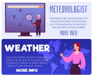 Meteoroloji ve hava tahmini, yatay şablonlar, vektör illüstrasyonu. Genç kadın ve erkek, meteoroloji için afişler ve kartlar hazırlıyorlar. Çizgi film düz stili web sayfaları