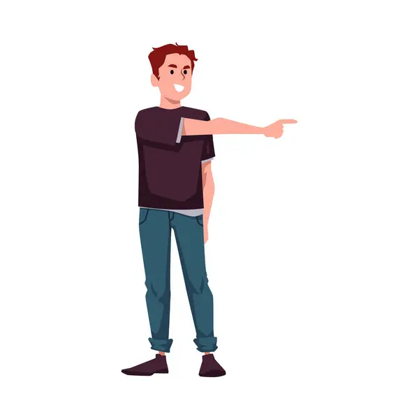 Young Boy Points Finger Side Flat Style Vector Illustration Isolated — Stock Vector