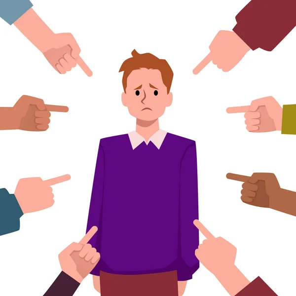 Unhappy Young Man Surrounded Hands Forefingers Pointing Him Concept Victim — Stock Vector