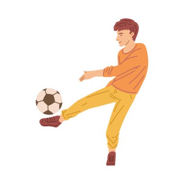 Genç çocuk futbolcu ya da futbolcu topa vuruyor, düz vektör çizimi beyaz arka planda izole edilmiş. Çocuklar için futbol kulübü veya yarışma karakteri.