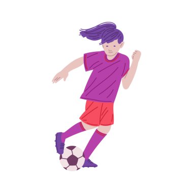 Futbol ya da futbol oynayan kız çocuk karakteri, beyaz arka planda izole edilmiş düz vektör çizimi. Üniformalı genç bayan futbolcu topa vuruyor..