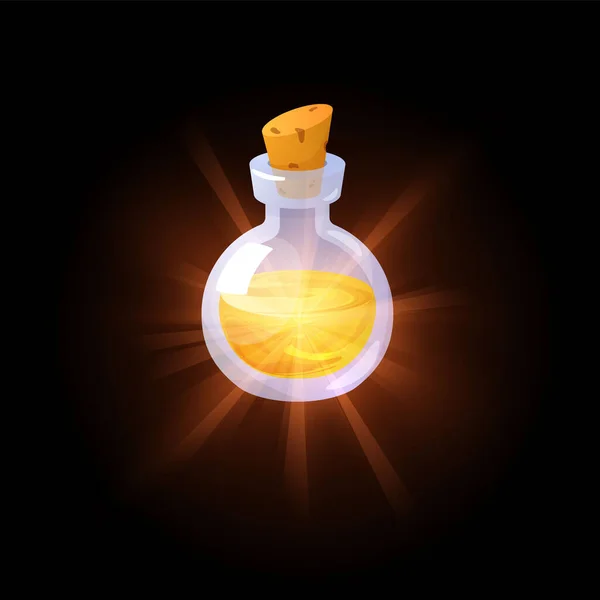 ボトルに魔法の魔女のポーションや癒しの飲み物 3D現実的なベクターのイラストは 暗い背景に隔離されています ゲーム資産とプレイヤーのスコアのためのスペルポーションボトル — ストックベクタ