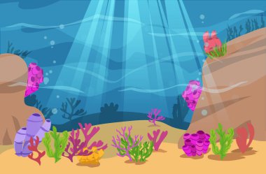 Underwater world landscape, vector illustration in color cartoon style. Marine background scenery on depth. Sea or ocean coral reef bottom, aquarium with seafloor. Corals and seaweeds in deep water clipart