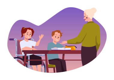 Disabled girl in classroom with teacher and other student. Child in wheelchair raise hand at inclusive classroom. Inclusion education concept. Flat vector illustration on abstract background. clipart