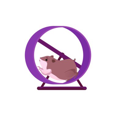 Cute hamster running in jogging wheel, flat vector illustration isolated on white background. Jogging wheel addition or accessory for pets cage icon or symbol. clipart