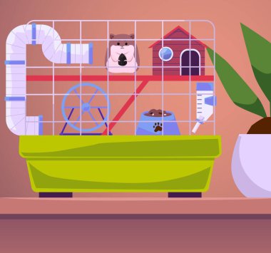 Hamster or rat pet cage with additions for pets entertainment and health, flat vector illustration. Cage or house for keeping pet rodents and hamsters. clipart