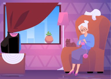Şirin kedilerle örgü örüp büyük koltukta oturan yaşlı mutlu bir kadın. Eski televizyonlu bir oda, duygusal karakter, boş zaman, büyükanne.
