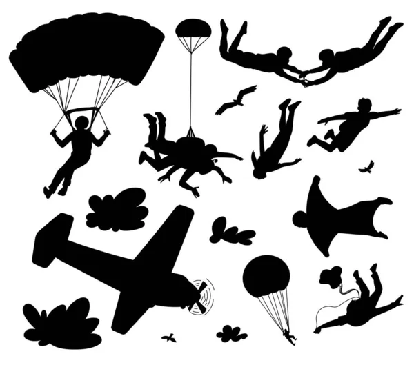 Black Silhouette Parachute Jump Wingsuit Flying Airplane Cartoon Skydiving Lovers — Stock Vector