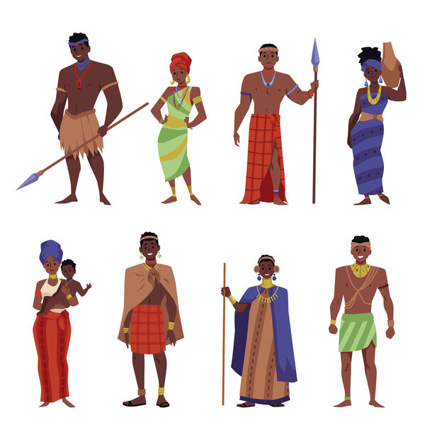 Set of native African people in different traditional costumes flat style, vector illustration isolated on white background. Headdresses and earrings, spears, children and adults, design elements
