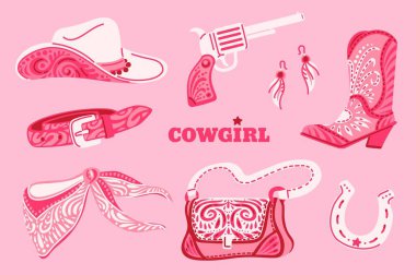 Retro west cowgirl accessories set. Boho style bandana, bag, belt, boot, hat and earrings with floral print for women. Glamour western style, horseshoe and gun. Flat vector illustration on pink clipart