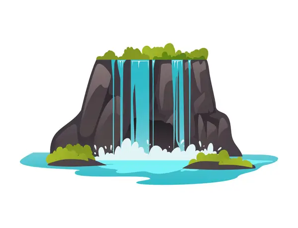 Fragment of mountain landscape with waterfall and trees vegetation, flat vector illustration isolated on white background. Streaming water cascades of waterfall.