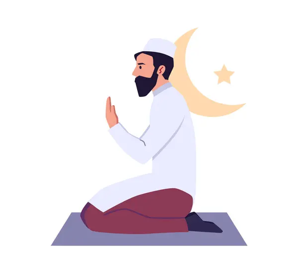 stock vector Muslim man praying, cartoon style vector illustration isolated on white background. Male character in traditional Islam clothes kneeling on a mat, hands folded in front. Design concept