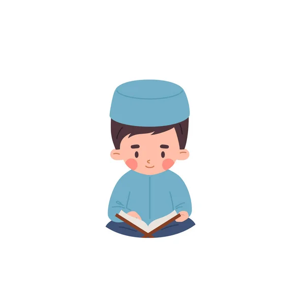 Muslim boy reads a prayer Koran book. Islamic religion child in national Arab clothing and headdress. Tradition Muslim faith. Vector illustration of cartoon cute Moslem kid character isolated on white