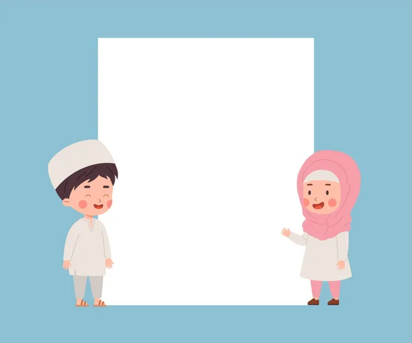 Muslim Kids Traditional Clothing Standing White Blank Board Happy Islamic — Stock Vector