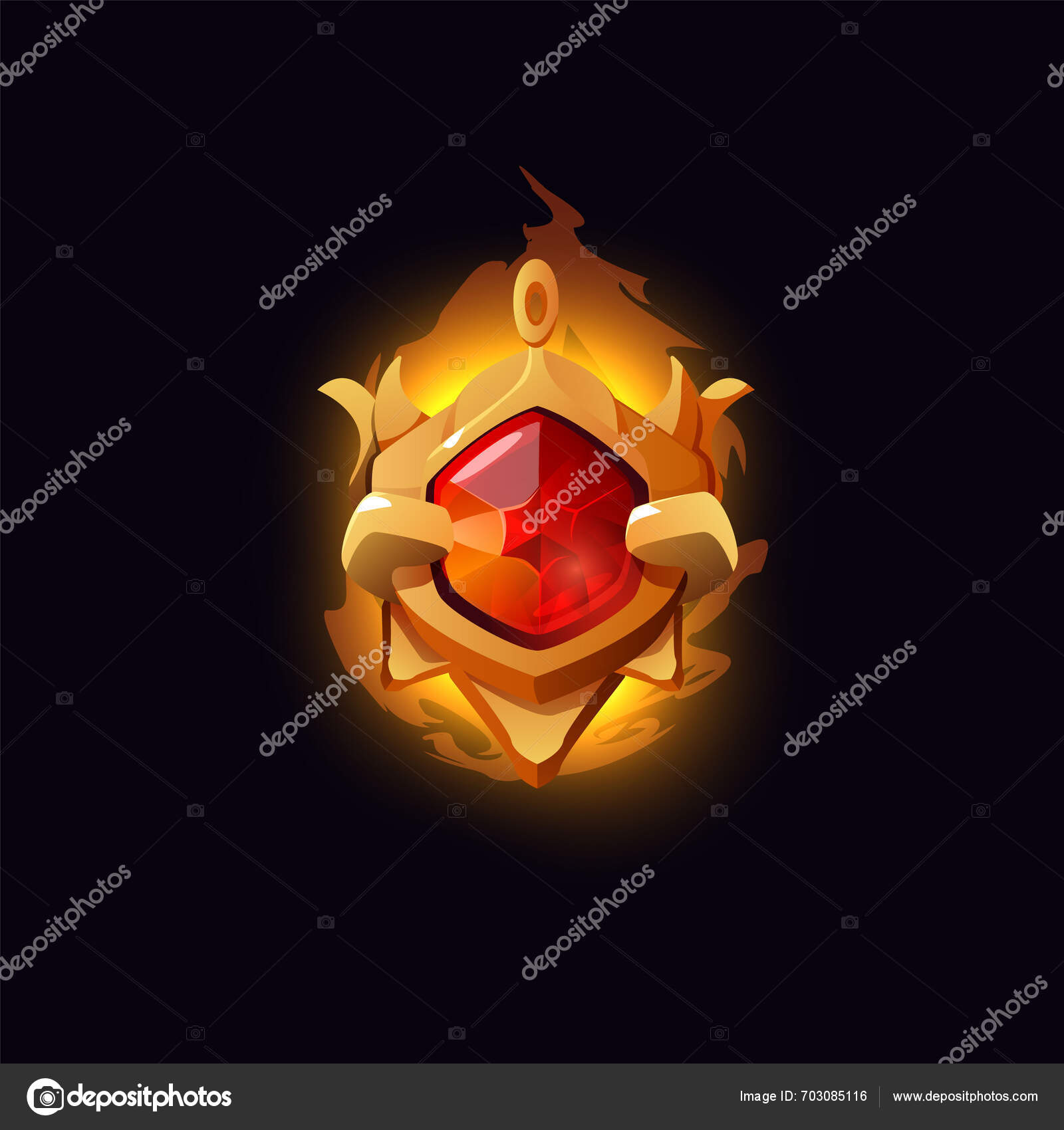 Burning Golden Amulet Red Gemstone Cartoon Vector Badge Magic Crystal Stock Vector by