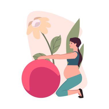 Hamile kadın spor topuyla egzersiz yapıyor. Doğum öncesi egzersizin vektör illüstrasyonu. Çiçek ayarında nazikçe esneme.