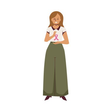 Support for breast cancer awareness. Vector illustration of a woman holding a pink ribbon, a symbol for health campaigns and solidarity clipart