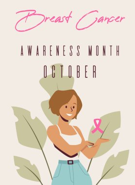 October Breast Cancer Awareness poster. A smiling woman with a pink ribbon, vector illustration for health campaigns clipart