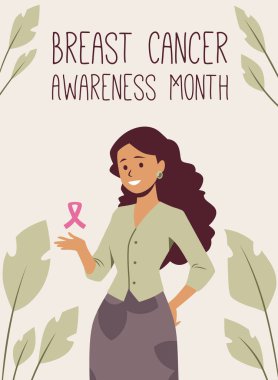 Breast Cancer Awareness Month poster vector. Confident woman with a pink ribbon, surrounded by leaves, for health advocacy. clipart