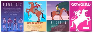 Cowgirls riding on horse at a Rodeo. American western ranger women vector vintage posters set. Swag cowgirl with rope rides horse on ranch. Ladies dressed in retro wild west style clipart