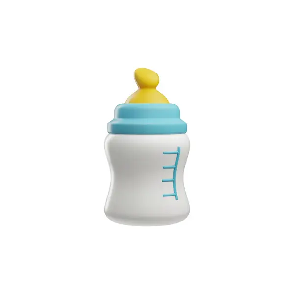 ベビーミルクボトル3Dスタイルベクターイラスト 新生児のための太鼓付きの容器を供給する 幼児の栄養とベビーケア ミルク 液体の食糧または水のためのシリコーンの乳首が付いている青いプラスチック装置 — ストックベクタ