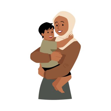 Müslüman bir anne kucağında bir oğul taşıyor. Küçük çocuğu taşıyan tesettürlü mutlu kadın. Karikatür İslami ebeveyn aşkı. Beyaz arka planda izole edilmiş Arap ailesinin vektör illüstrasyonu