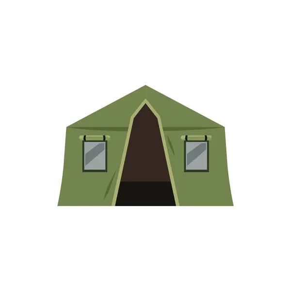 Flat style camping tent. Flat vector illustration: angular green tent with windows, front view. Ideal for travel and outdoor recreation themes, isolated background.