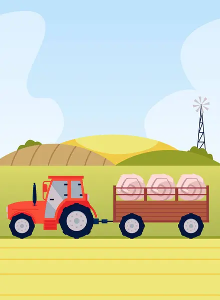 Tracteur Rouge Avec Remorque Remplie Foins Récolte Des Machines Agricoles Vecteurs De Stock Libres De Droits