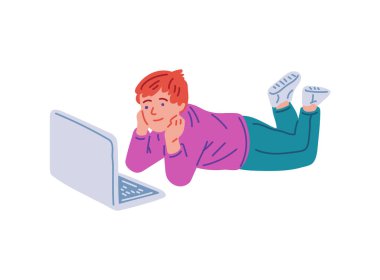 Çocuk dizüstü bilgisayar kullanırken yerde yatıyor. Vektör illüstrasyonu, yerde bilgisayarla uğraşan rahat bir çocuk gösteriyor.