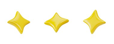 A set of icons in the form of three 3D gold four-pointed stars. Vector illustrations of shiny stars as award symbols in games on a white background. clipart