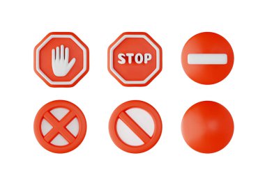 Dur işareti 3D gerçekçi vektör çizimleri ayarlandı. Trafik yönetmeliklerine göre kırmızı sembol, dur, el, tuğla, çapraz çember. Ulaşım, yasaklama ve yasaklama işaretleri için uyarı işareti