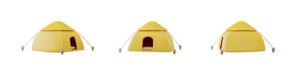 キャンプ用トラベル機器 ベクトル形式の黄色3Dイソメトリックテントのセットは 隔離された白色背景の異なる角度から サマーキャンプ 屋外レクリエーション ピクニック ハイキング — ストックベクタ