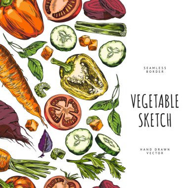 Elle çizilmiş zengin renkli sebzeler içeren kusursuz vektör sınırı. Mutfak ve tasarım amaçları için mükemmel..