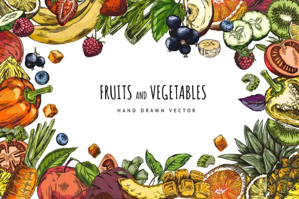 Quadro Redondo Verduras Frutos Ilustrações Desenhadas Mão Vibrantes Formam Quadro — Vetor de Stock