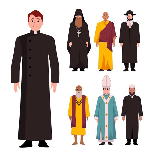 Priests or preachers of different religious cultures, set of flat vector illustrations isolated on white background. Concept of diversity of beliefs and religions.