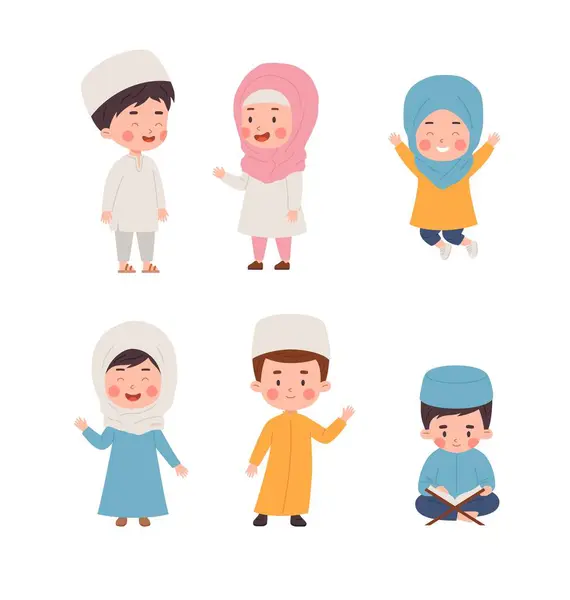 Muslim Boys Girls Tradition Muslim Faith Islamic Religion Cartoon Children — Stock Vector