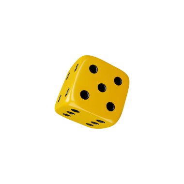 Gerçekçi oyun zarları 3d vektör illüstrasyonunu düşürüyor. Siyah noktalı sarı kenarlı küp. Servet sembolü beyazda izole edilmiş. Kumar oyunları tasarımı, kumarhane, barbut ve poker, masa üstü veya masa oyunları