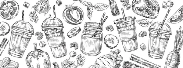 Smoothie Com Legumes Borda Padrão Gravado Mão Desenhada Ilustração Vetorial Ilustrações De Bancos De Imagens Sem Royalties