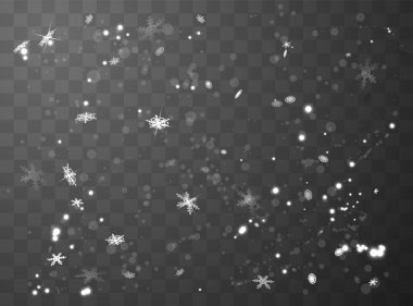 Vector Christmas background with white bokeh, falling snowflakes and shimmering particles. Festive snowy isolated illustration perfect for magical overlay. clipart