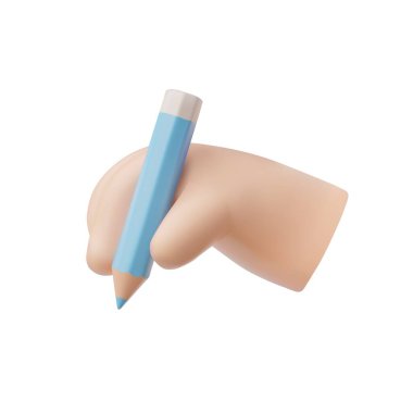 A 3D hand icon grips a blue pencil, depicting the act of writing or drawing, encapsulating creativity and education in vector illustration. clipart