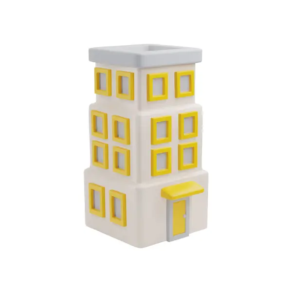 3Dスタイルのベクターイラストを構築する3つのフロア カートゥーン アイソメトリック ハウス ホテルまたはオフィス アパートは孤立しています 黄色の装飾アイコンが付いている不動産の構造 ボリュームキッズ在住のおもちゃ ゲーム資産 — ストックベクタ