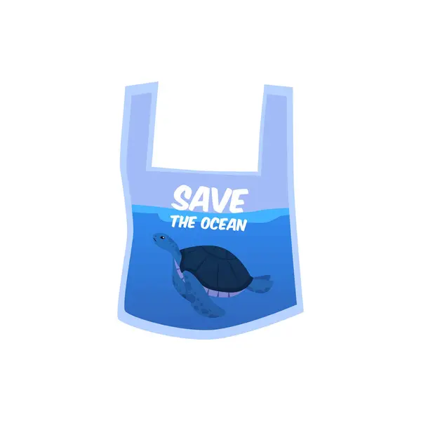 Ocean Campaign Flat Vector Illustration Plastic Bag Picture Turtle Water Stock Illustration